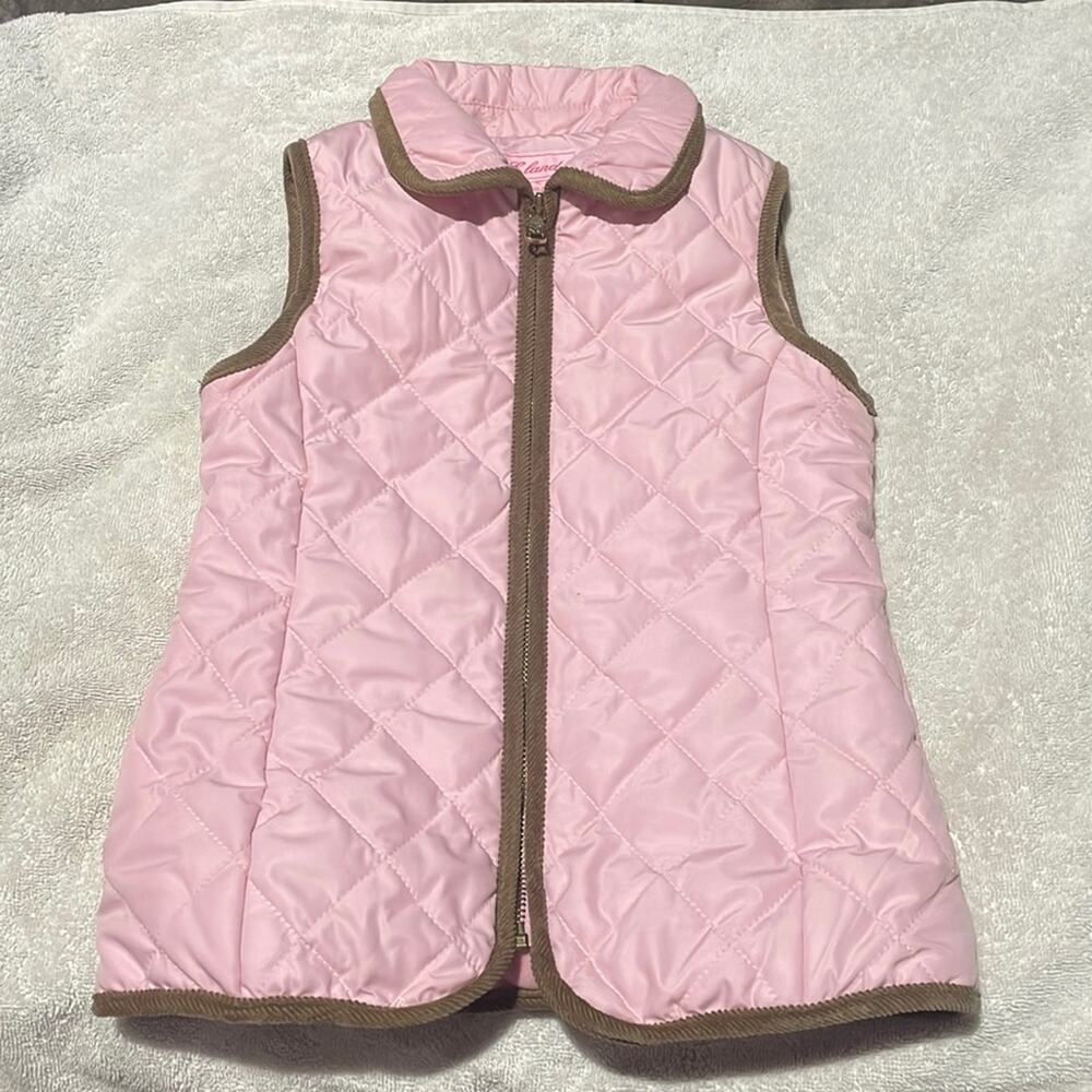 E.Land 5 pink quilter sporting vest waste cinch snaps tan corduroy trim pockets